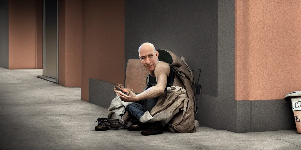 Image similar to homeless jeff bezos, focused shot, realistic, octane render