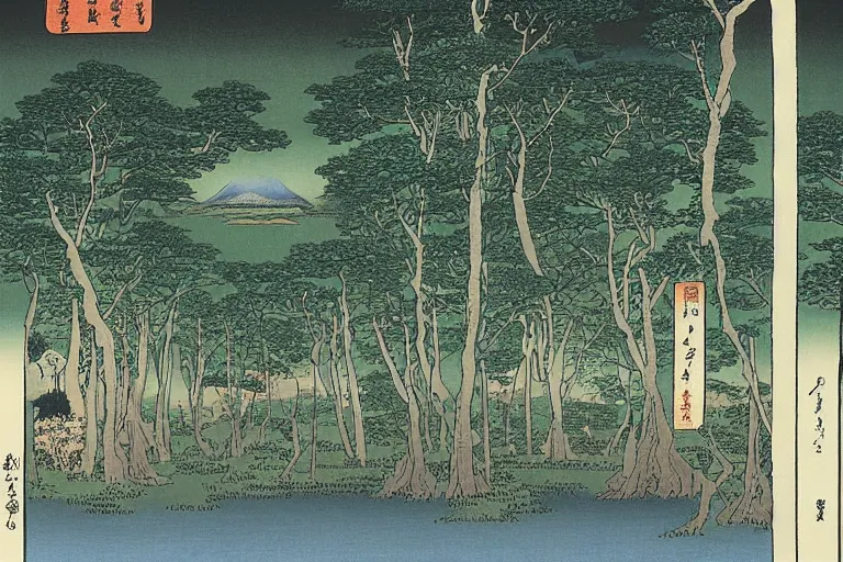 Image similar to landscape with plants seen through a tree hall, by hiroshige utakawa