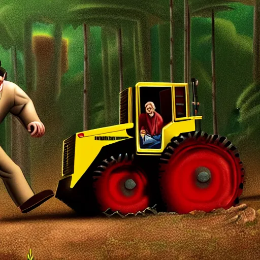 Prompt: a preacher with short cropped hair and a widows peak driving a small red bulldozer through the jungle while a wolfman runs along beside him