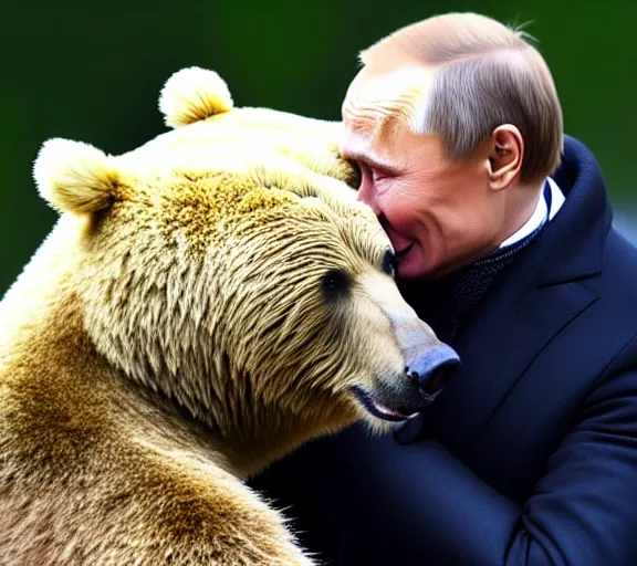 Image similar to vladimir putin mates bear, animals mating, lovely kiss, kiss mouth to mouth, romantic, emotional, love scene, insane details, clear face and eyes, textured, 8 k, professional photography, animal world, discovery channel
