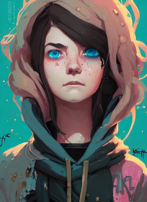 Image similar to highly detailed portrait of a sewer punk lady student, blue eyes, hoodie, tall spiral white hair by atey ghailan, by greg rutkowski, by greg tocchini, by james gilleard, by joe fenton, by kaethe butcher, gradient gold, black, brown and pink color scheme, grunge aesthetic!!! ( ( graffiti tag wall background ) )