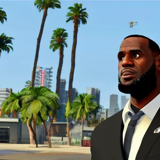 Image similar to Lebron James wearing a suit in GTA V . Los Santos in background, palm trees. in the art style of Stephen Bliss