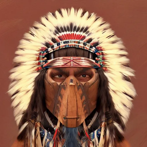 Prompt: painting portrait of a native american wearing a wooden mask, artstation, ultra detailed