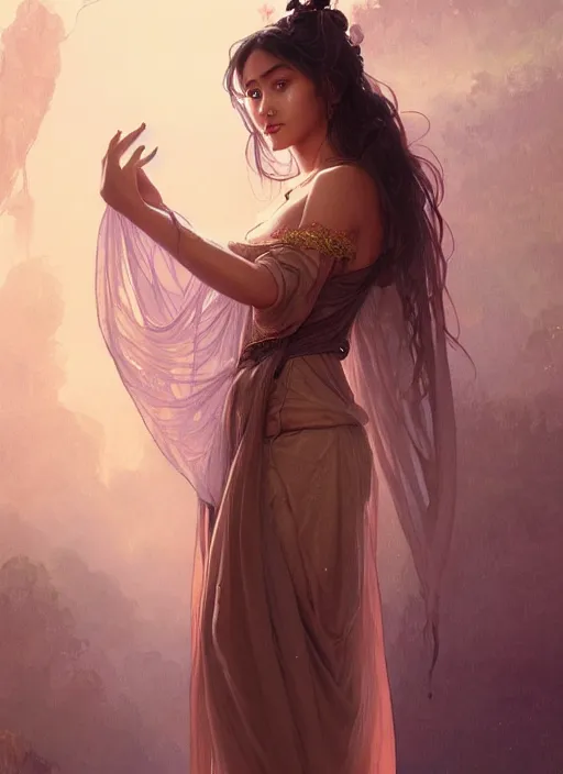 Image similar to cute brown woman wearing a transparent night gown and hanfu face veil, fantasy, intricate, highly detailed, digital painting, artstation, concept art, wallpaper, smooth, sharp focus, illustration, art by artgerm and greg rutkowski and alphonse mucha