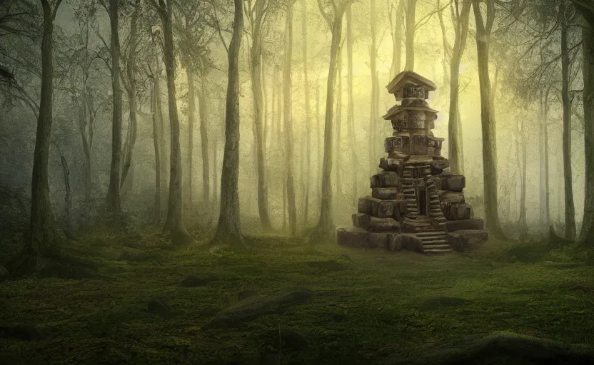 Image similar to incredible interior artwork shot of a wooden druid's temple in the forest, dusk, light fog, digital art, 4k