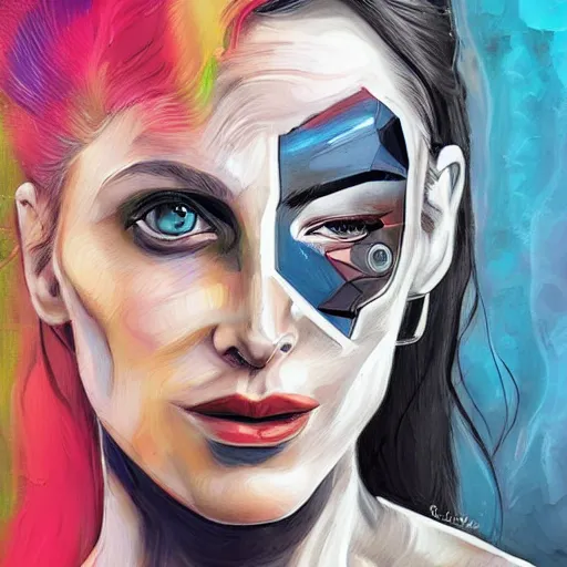 Prompt: woman portrait made out of paint, beautiful, cyborg, comic book art, time travel 🧭