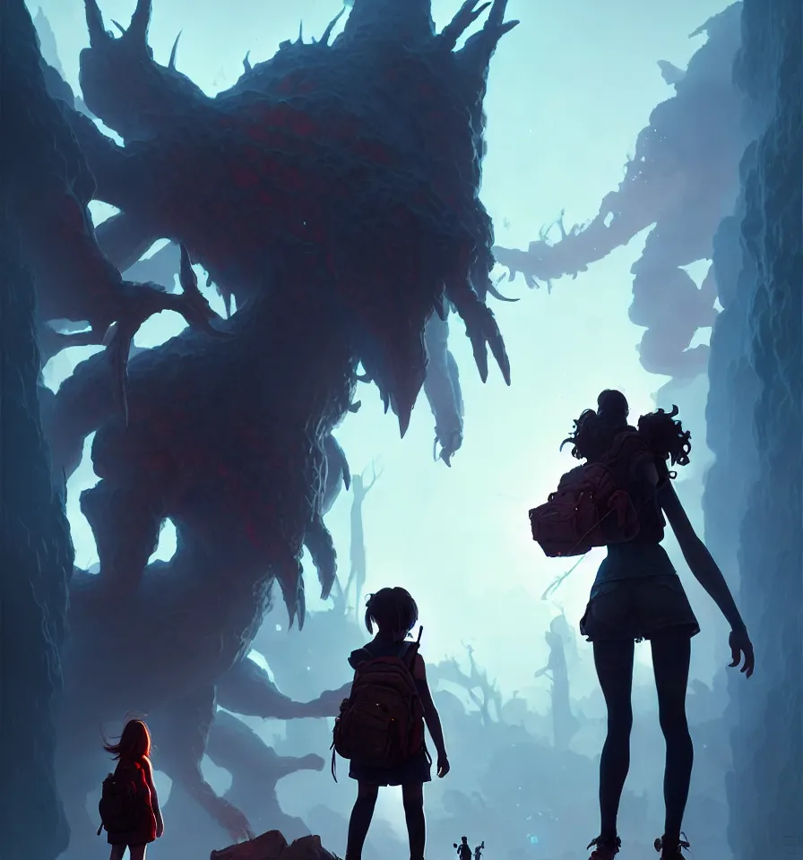 Prompt: brave young girl, backpack, standing near a tall demonic beast, apocalyptic setting, bokeh, dramatic lighting, sharp focus, character art, illustration, digital art painting, trending on artstation, by masamune shirow, by greg rutkowski.