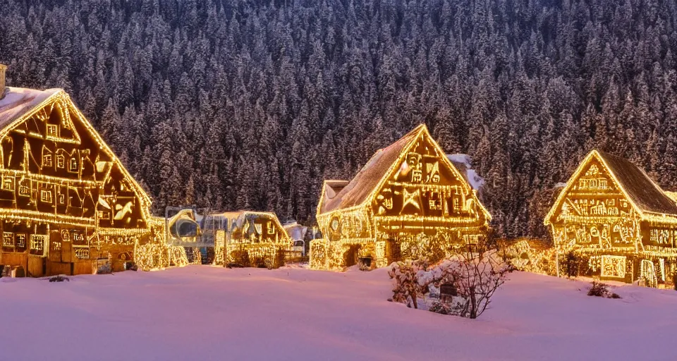 Prompt: an abandoned village in the black forest at midnight illuminated by christmas lights