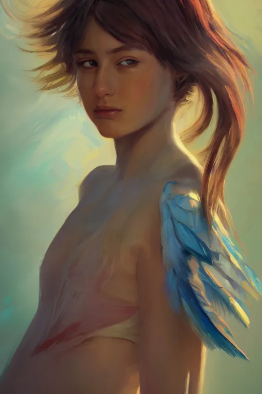 Image similar to oil painting, a girl with a pair of colored wings behind her, sunlit, paint texture, digital painting, highly detailed, artstation, sharp focus, illustration, concept art