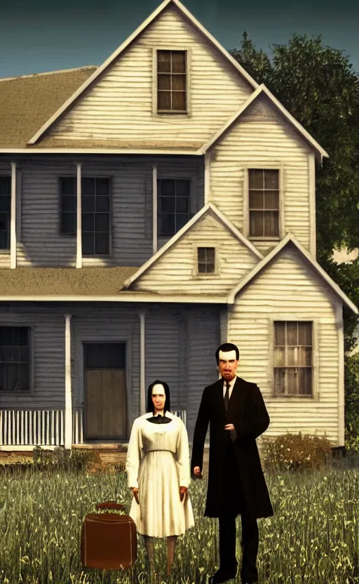 Prompt: American Gothic by Grant Wood in the style of GTA IV, unreal engine, high quality render