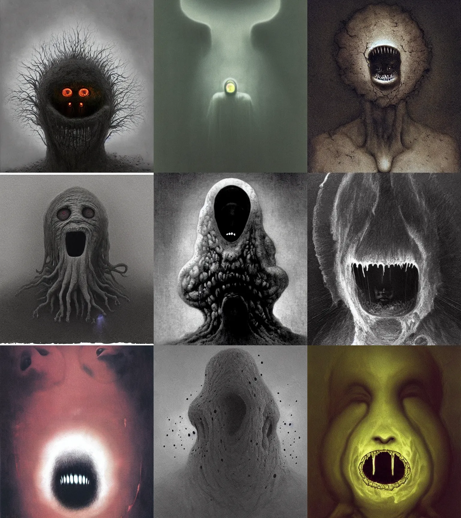 Prompt: idiotic creature. faceless fleshy fluffy translucent spiritual shadowy entity guy face thing with holes in. big mouth yelling approaching eerie bad, zdislaw beksinski, glowing eyes
