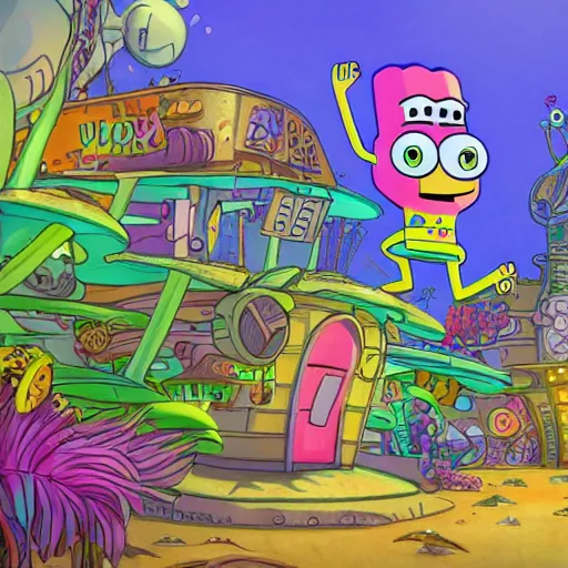 Image similar to bikini bottom drawn by stephen hillenburg, dynamic lighting, fantasy concept art, trending on art station, stunning visuals, creative, cinematic, ultra detailed