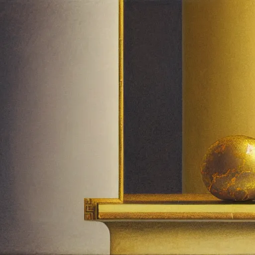 Prompt: still life painting of a room with a balcony and a marbled pedestal displaying an ancient holy artifact, centered in frame and shaped like signet ring, chromed and ornate with gentle iridescent shine from within. perspective from the side. realistic light and shadows. moody fantasy art, still life renaissance pastel painting. close up