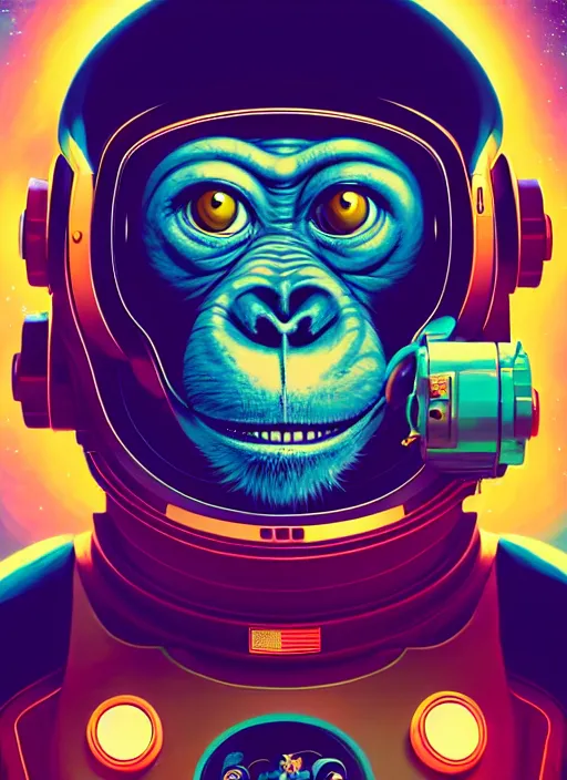 Prompt: retrofuturistic portrait of an monkey in astro suit, space graphics art in background, close up, wlop, dan mumford, artgerm, liam brazier, peter mohrbacher, 8 k, raw, featured in artstation, octane render, cinematic, elegant, intricate, 8 k, unreal engine render