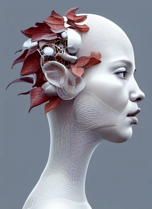 Image similar to complex 3d render ultra detailed of a beautiful porcelain profile woman face, white background, mechanical cyborg, 150 mm, beautiful natural soft light, rim light, studio light, silver gold details, magnolia big leaves and stems, roots, fine foliage lace, mesh wire, intricate details, hyperrealistic, mandelbrot fractal, Alexander Mcqueen haute couture, anatomical, red lips, white metal armor, facial muscles, cable wires, microchip, elegant, octane render, H.R. Giger style, 8k