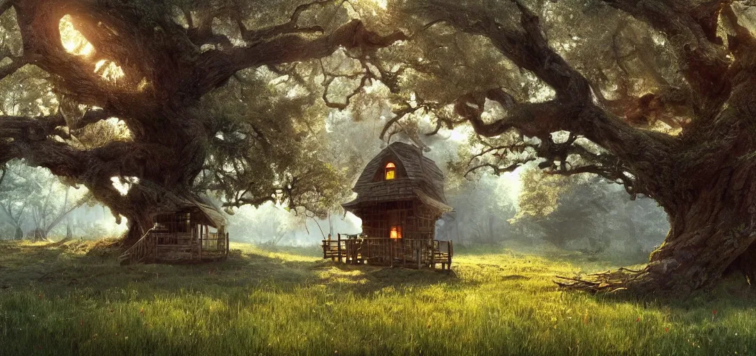 Image similar to Kid with red radioflyer standing in front of beautiful tree house in an old oak tree on a beautiful meadow with flowers, dramatic lighting, cinematic, establishing shot, extremly high detail, photo realistic, cinematic lighting, post processed, concept art, artstation, matte painting, style by eddie mendoza, raphael lacoste, alex ross