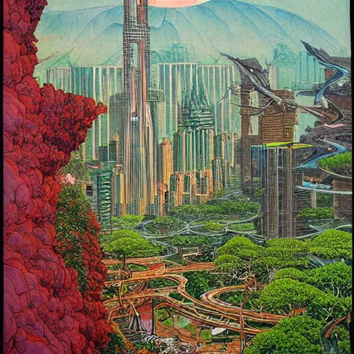 Prompt: City of the future in harmony with nature. Beautiful detailed painting by moebius (1975).