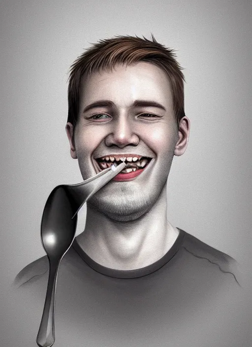 Image similar to portrait of a finnish young man with a spoon on top of his nose, big grin mouth barely closed, wrinkled eyes, wise forehead, big lips, sharp portruding chin, short youthful hair, white background with notes, youthful colours, thin sharp lines, digital painting, artstation, matte, sharp focus, illustration, realistic anime artstyle