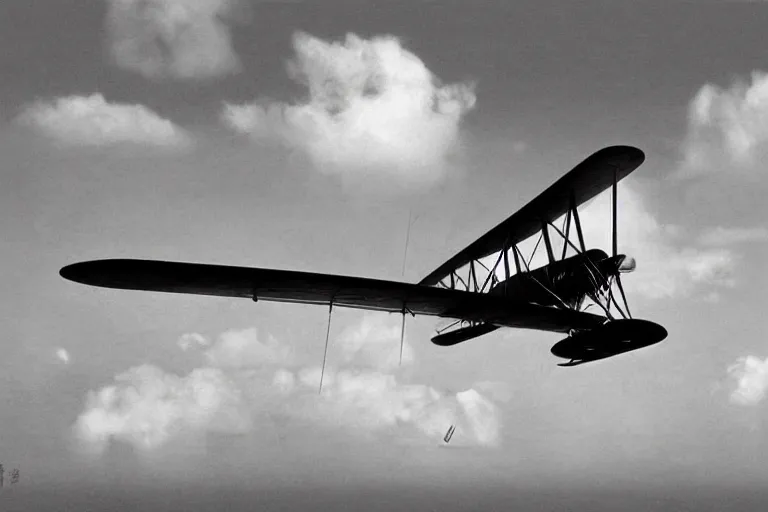 Image similar to black and white cat flying biplane over a tropical archipelago, morning sunrise, clouds, beautiful, studio ghibli, art by hayao miyazaki, makoto shinkai