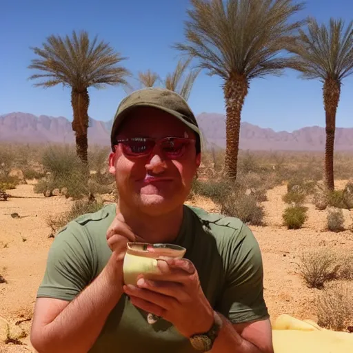 Image similar to Shrek drinking moroccan tea in the desert