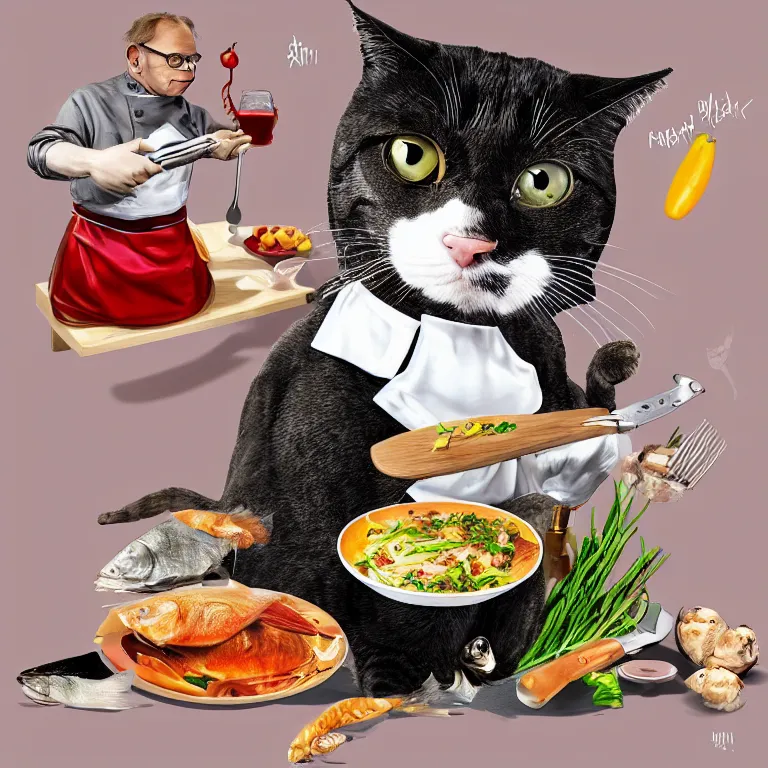 Prompt: “celebrity chef Alton Brown as a cat cooking a whole fish, digital art, 8k, trending on artstation”