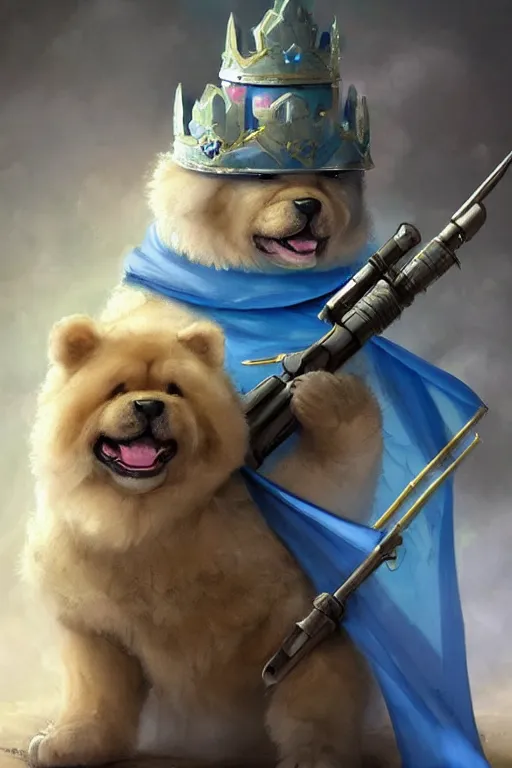 Image similar to cute anthropomorphic blue tong chow chow knight wearing a cape and a crown and holding a sniper, tiny, small, miniature chow chow, baby animal, short, pale blue armor, cute and adorable, pretty, beautiful, DnD character art portrait, matte fantasy painting, DeviantArt Artstation, by Jason Felix by Steve Argyle by Tyler Jacobson by Peter Mohrbacher, cinematic lighting