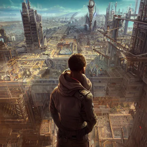 Prompt: Point of view shot of a young man crouching on the ledge of a tall building peering at an advanced high tech Sci fi bustling steampunk city with flying air ships over it and tall glass buildings located in a sand desert, bright sunny day blue sky, digital painting, artstation, matte painting, highly detailed, intricate, concept art, game art, octane render, 8k, unreal engine