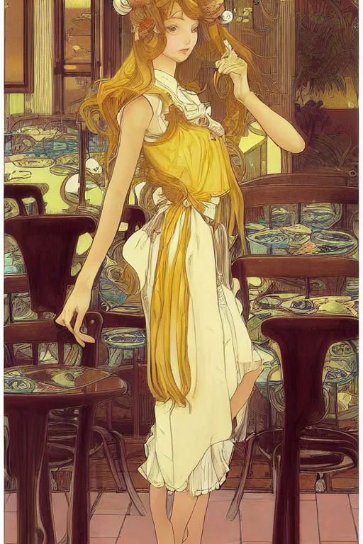 Prompt: A girl in a maid's outfit in a cafe a afternoon, wavy hair yellow theme,S line,45 angel by mucha and range murata and greg rutkowski