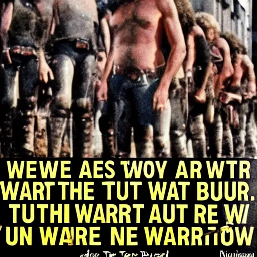 Prompt: Here we are don\'t turn away now! We are the warriors that built this town