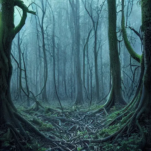 Prompt: dark, extremely dense forest, short trees, wide canopy roof of dark leaves, haunting atmosphere, grassy floor covered with gnarling roots, 4k, 1000 hour digital artwork by Gerald Brom