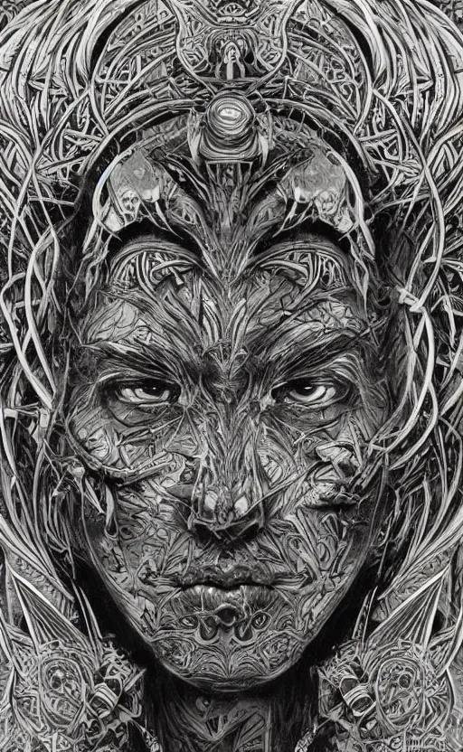 Image similar to Elder Ring themed painting of ancient hybrid majestic aztec shaman fantasy cyber human beautiful symmetrical face angry mask closeup face mask tattoo pattern golden ratio concept, deep forest psytrance Neo-Gothic concept, infinity glyph waves, intricate artwork masterpiece, very coherent artwork, cinematic, full frontal facial features by Artgerm, Takato Yamamoto, Zdizslaw Beksinski, Johnatan Wayshak, Moebius, H.R. Giger, Ayami Kojima, very coherent artwork, trending on cgsociety, ultra high quality model, production quality cinema model, high detail chromatic ink outline, octane render, unreal engine, 8k mandelbulber fractal, hyper realism, high detail, octane render, unreal engine, 8k, High contrast
