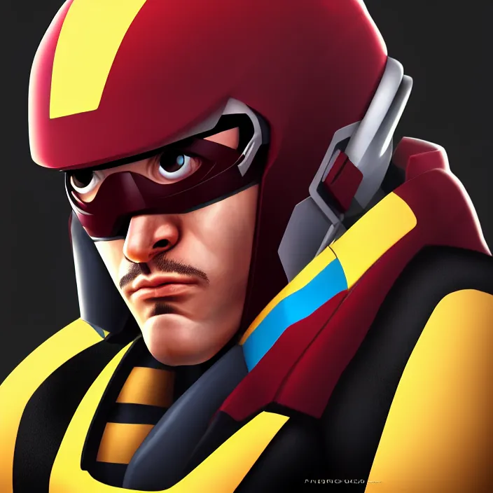 Image similar to cinematic bust portrait, captin falcon from f - zero, head and chest only, desaturated, thawan duchanee, masterpiece, trending on artstation, featured on pixiv, cinematic composition, dramatic pose, beautiful lighting, sharp, details, hyper - detailed, hd, 4 k