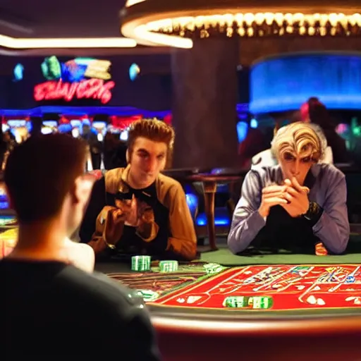 Image similar to film still of xqc gambling in Vegas, 4k, photorealism, artstation style