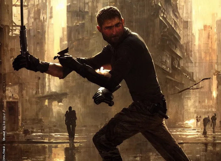 Image similar to sam fisher knocking out a guard ( blade runner 2 0 4 9, dystopian, cyberpunk 2 0 7 7 character design ). orientalist portrait by john william waterhouse and james gurney and theodore ralli and nasreddine dinet, oil on canvas. cinematic, hyper realism, realistic proportions, dramatic lighting, high detail 4 k