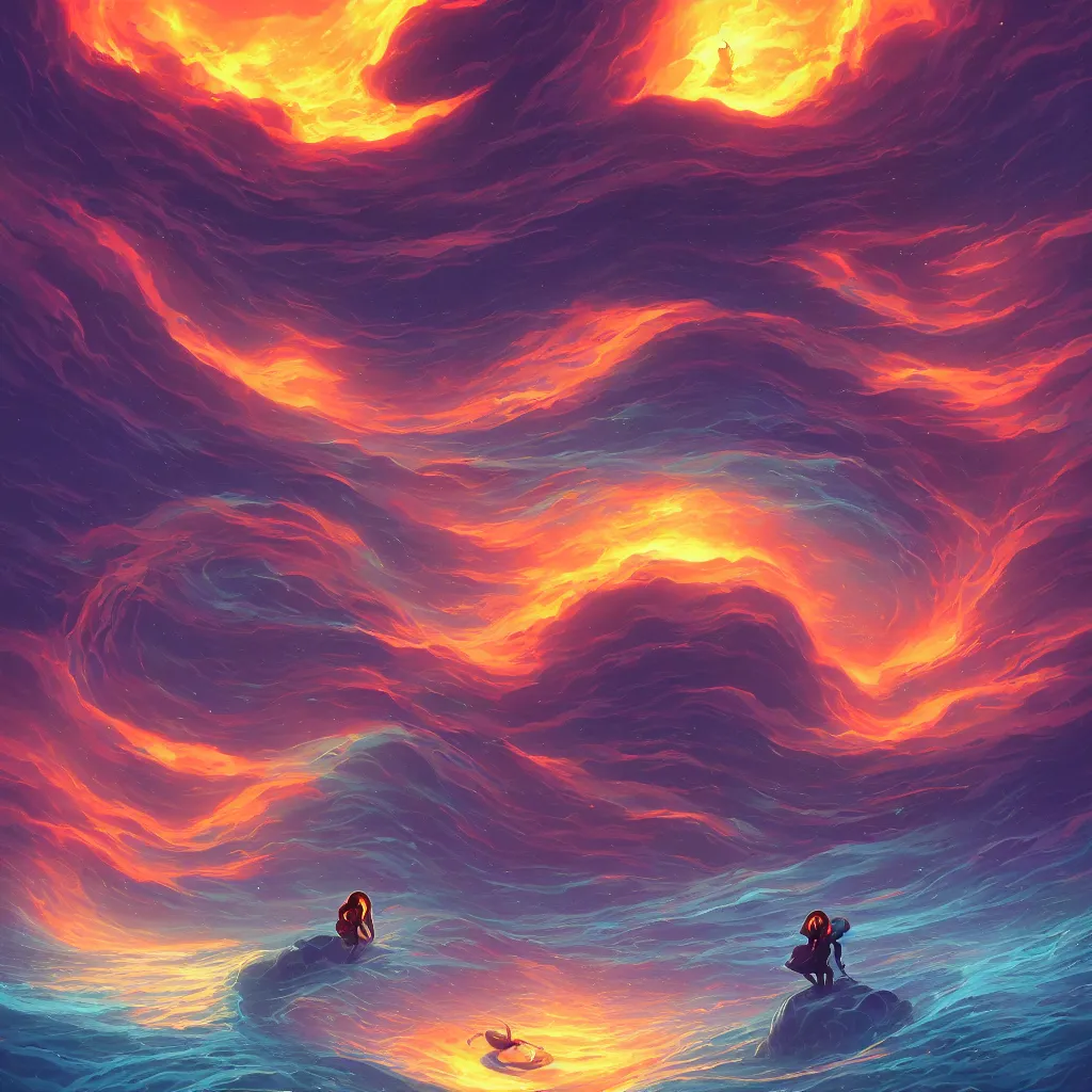 Image similar to Elemental colorful pixar moongate, digital matte black paper art pastiche by Moebius and by Cyril Rolando, Beautiful epic night fire seascape, pastiche by Moebius, Cyril Rolando, Shawn Coss, Junji Ito, and Roger Dean