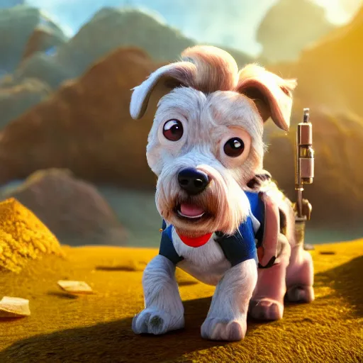 Image similar to dog character 1 1, small puppy, rich dog, high quality image, smart dog, dog with gun, 3 d render, dog in mountain, soft, concept art, intricate details, highly detailed, colorful, photorealistic, disney pixar, octane render, iridescent, anime, 8 k