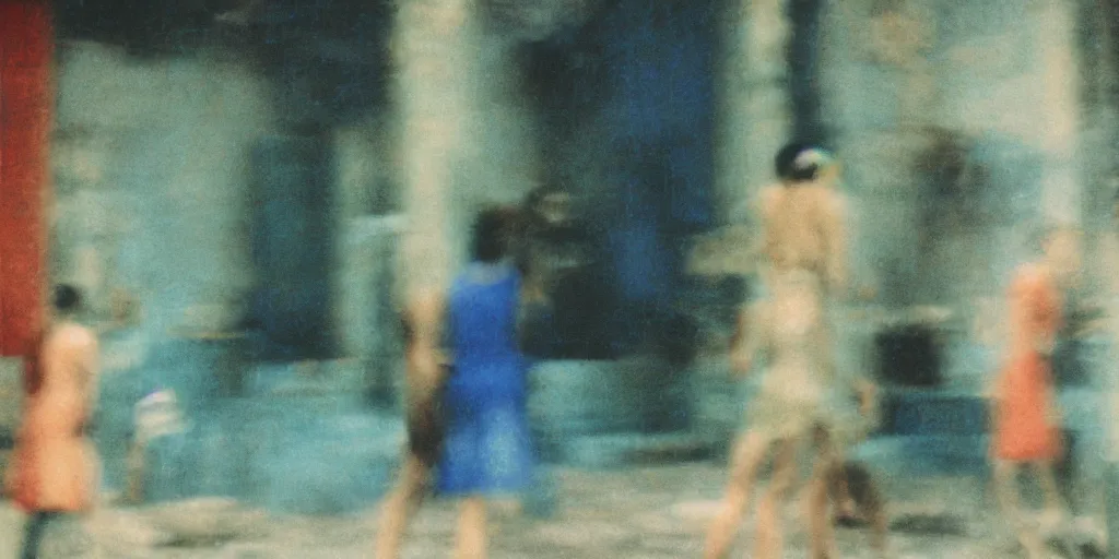 Prompt: ( ( out of focus ) ), ( ( very blurry ) ) photography by saul leiter and ernst haas in a pompeii court, airforce blue, red, bright pale green