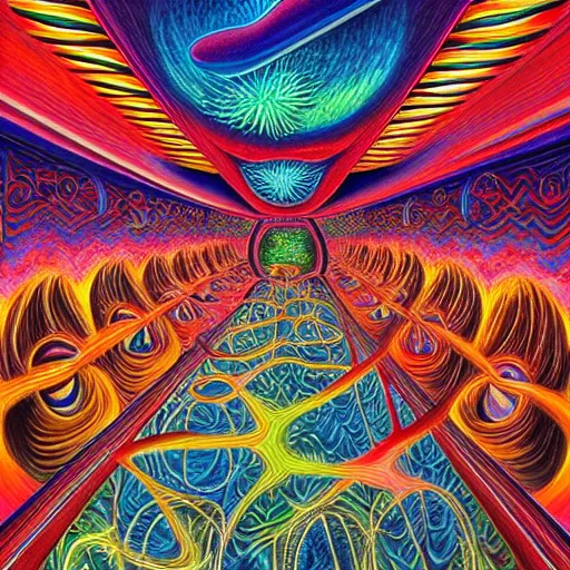 Prompt: a beautiful painting of a dmt waiting room by Alex grey
