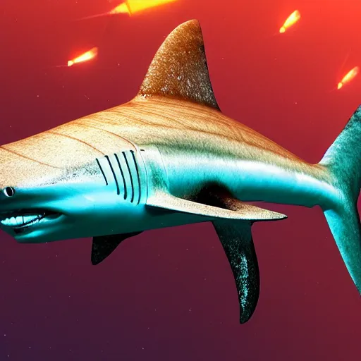 Image similar to Cosmic Shark for maintenance by an unprofessional cyber mackerel, colourful explosion behind. 4K 64 megapixels 8K resolution DSLR filmic HDR Kodak Ektar wide-angle lens 3D shading Behance HD CGSociety Cinema 4D IMAX shadow depth rendered in Blender Unreal Engine hyperrealism photoillustration, lots of reflective surfaces, subsurface scattering