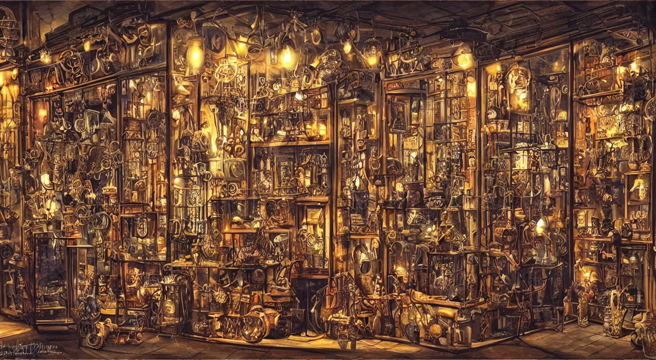 Image similar to steampunk shop window by guido borelli da caluso, darkness, neon lights, photo realistic, completely filled with interesting oddities, things hanging from ceiling, light bulbs