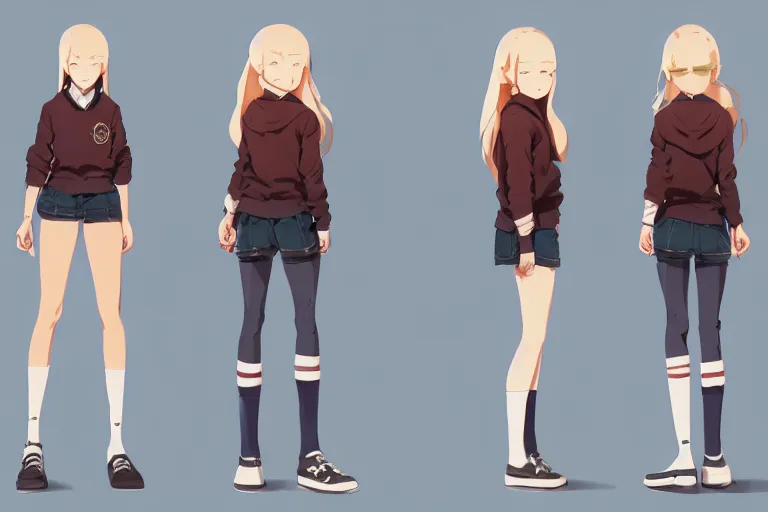 Image similar to character sheet of cute jk female high school student, blonde hair, by greg rutkowski and studio ghibli, digital art, trending on artstation, highly detailed, concept art, beautiful, masterpiece