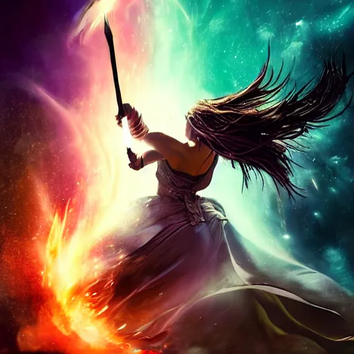 Image similar to An epic movie shot of a goddess fighting, cinematic, moody lighing, galaxy, vivid colors, explosion, spear, tarot, noble,