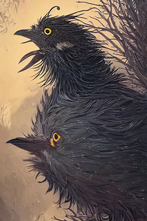 Image similar to black crows knocked a nest on his head, open mouth, cruelty, pain, light effect, hyper detailed, intricate, elegant, highly detailed, digital painting, artstation, concept art, matte, sharp focus, illustration, by dan mumford, yusuke murata, makoto shinkai, ross tran