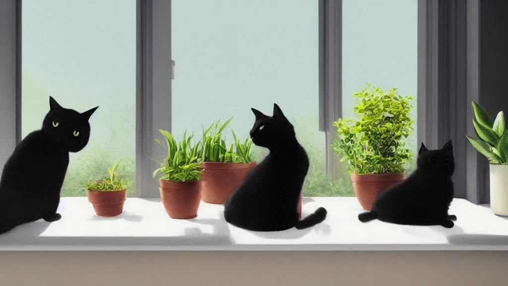 Prompt: peaceful dreamy painting of a black cat and a tabby cat sitting by a window and looking outside, sunshine coming through the window, small plants on the window sill, 8k, hyper realism, trending on artstation, octane render