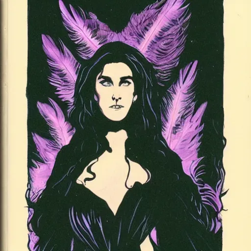 Prompt: youthful modest sad jennifer connelly as gothic dark fae disney villain with black feathers instead of hair, feathers growing out of skin, reading in library, pulp sci fi, mike mignola, david mack, romantic, comic book cover, vivid, beautiful, illustration, highly detailed