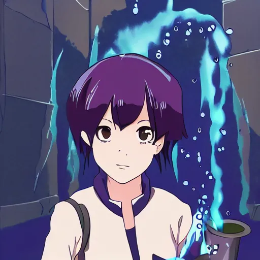 Prompt: jirou kyoka from my hero academia, pouring water from vase into stone fountain. spanish ghibli alleyway. symmetrical face. symmetrical detailed defined eyes. isekai background style.