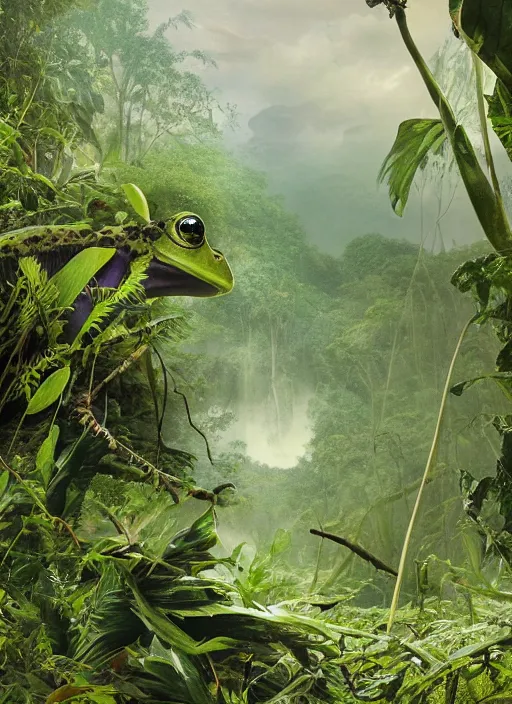 Image similar to a beautiful matte painting of a green frog in the jungle, kambo