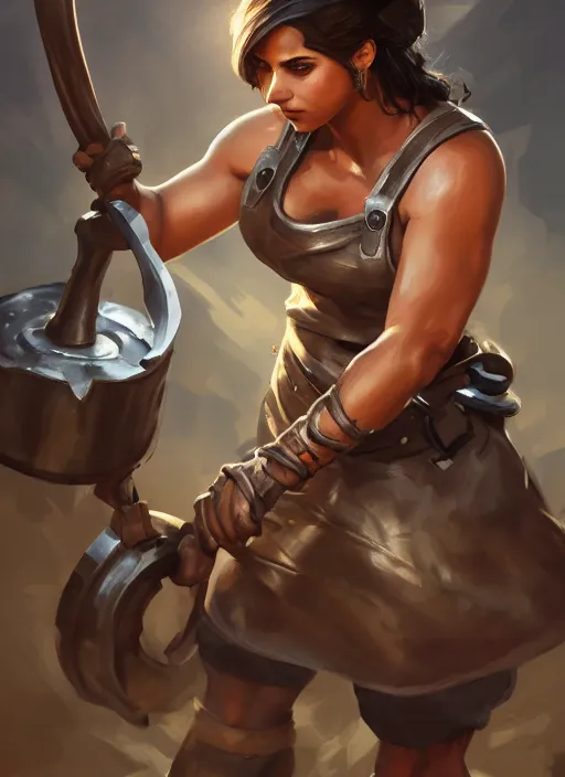 Image similar to a highly detailed illustration of naomi scott as fierce blacksmith woman wearing apron, muscular, dramatic smile pose, intricate, elegant, highly detailed, centered, digital painting, artstation, concept art, smooth, sharp focus, league of legends concept art, wlop.