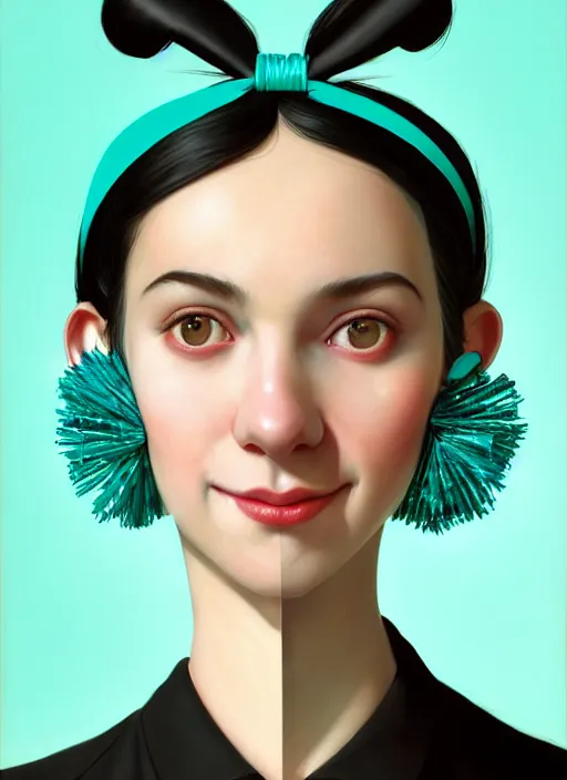 Image similar to portrait of high school girl, realistic, black hair, bangs, half updo hairstyle, pointy nose, skinny, smile, ugly, defined jawline, big chin, teal hair bow, earrings, intricate, elegant, glowing lights, highly detailed, digital painting, artstation, sharp focus, illustration, art by wlop, mars ravelo and greg rutkowski