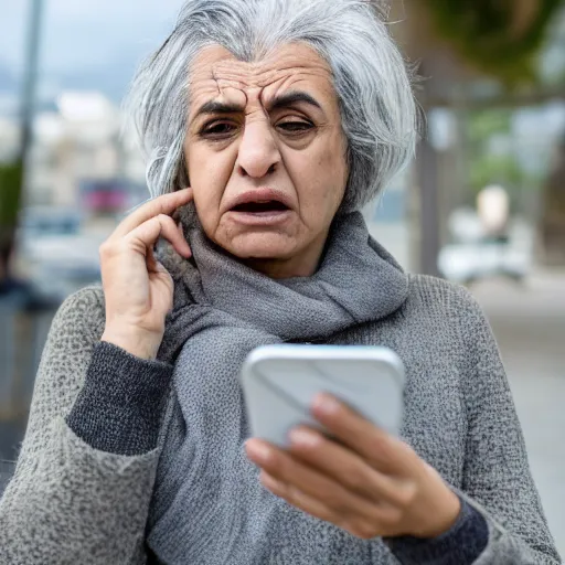 Image similar to astonished and angry middle aged lady looking at smartphone, uncombed hair, greek ethnicity, persian face structure, straight grey hair, angry eyes, photo, realistic, outdoor lighting, 4 k, 8 k, hd, 3 9 mm lens